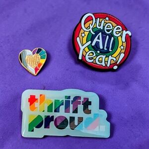 Rainbow 'Queer All Year!' and Thrift Proud Enamel Pin Set